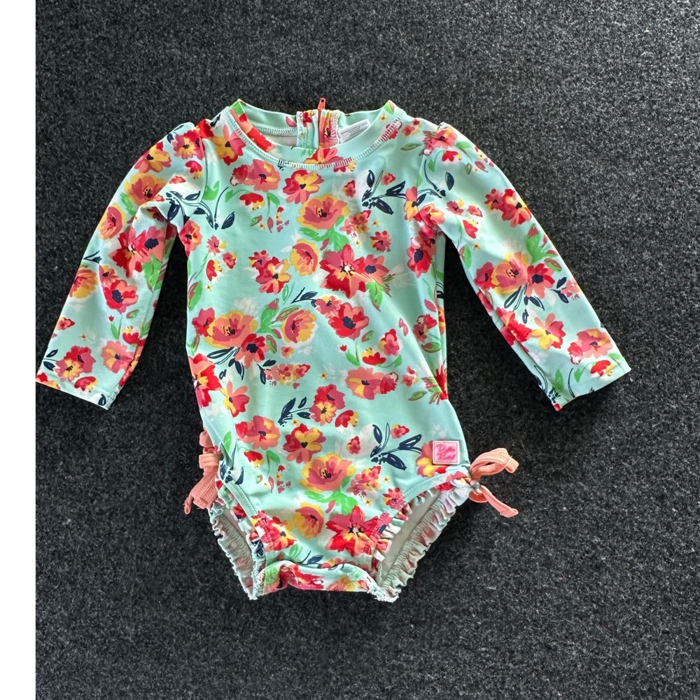 RuffleButts Girls Mint Floral Long Sleeve Rash Guard Swimsuit One Piece Snap